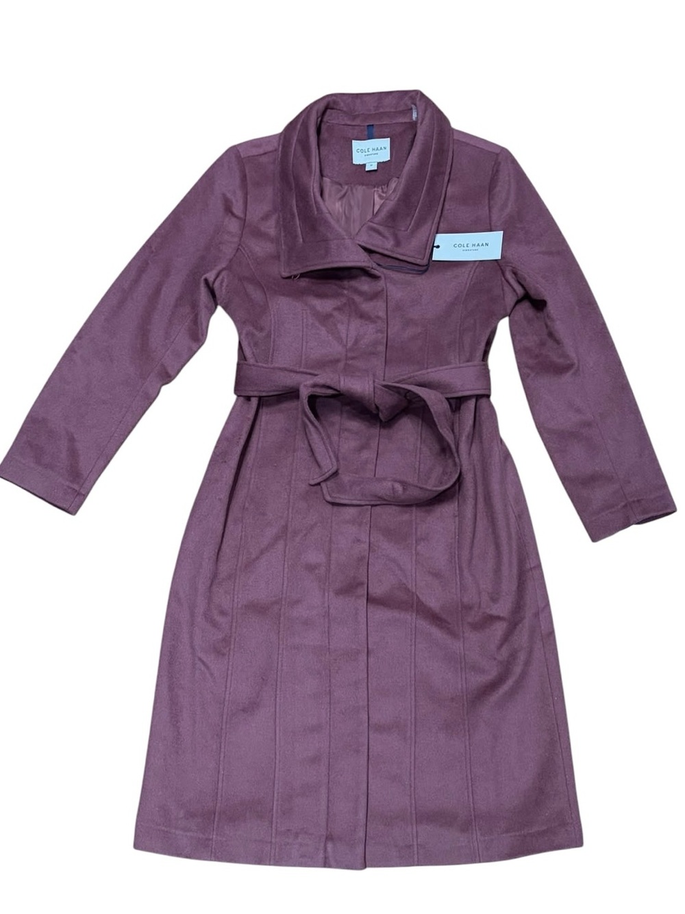 Cole Haan Sz 12 Tie-Waist Wool Trench Coat Dusty Rose pink purple Classic Boho. - Picture 2 of 12